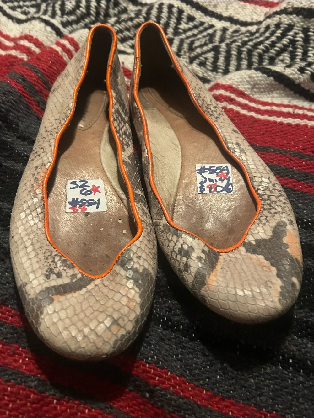 Juicy Couture Snakeskin-Print Ballet Flats with Orange Trim